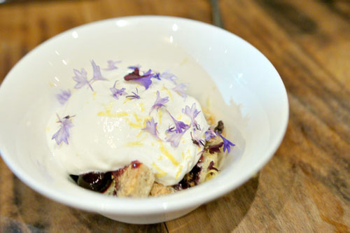 blueberry, frozen brown butter crumble, yogurt, bay leaf ice cream