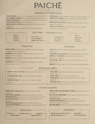 Paiche Menu