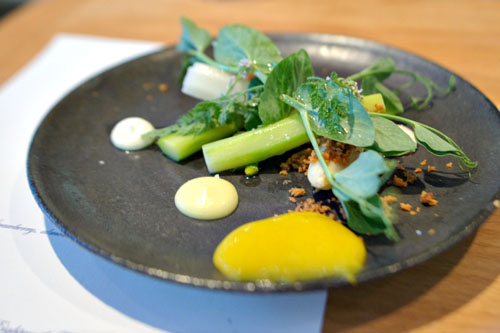 Asparagus, brioche, egg yolk, yuzu, green alder