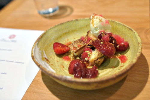 Strawberry, almond ice cream, rhubarb, rose ice, olive oil cake