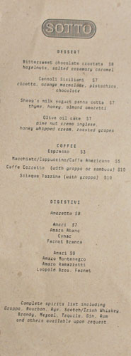 Sotto Dessert Menu