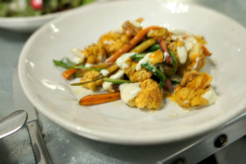 Curried Cauliflower and Carrots, Dandelion & Tahini Yogurt