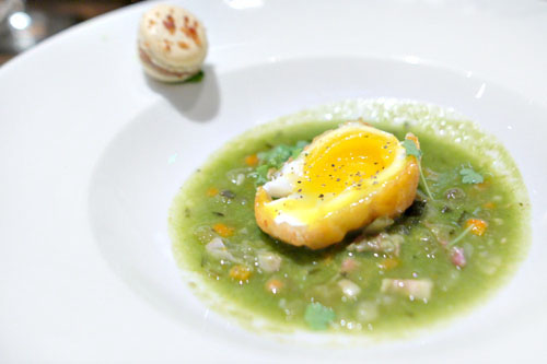 Minestrone, Serrano Ham, Ramps Hazelnut Pesto, Amy's Farm Duck Egg, Rillette FG Macaron