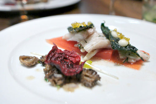 Cold Poached Skate, Fried Capers, Watermelon Pico, Bonito Emulsion, Dehydrated Kale, Blis Char Roe, Dehydrated Beets, Morels