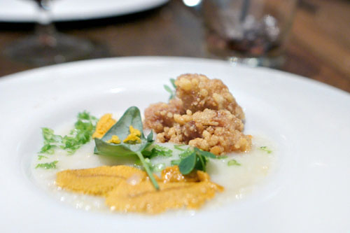 Rice Porridge, Veal Sweetbreads, Uni Bottarga, Uni, Wood Sorrel