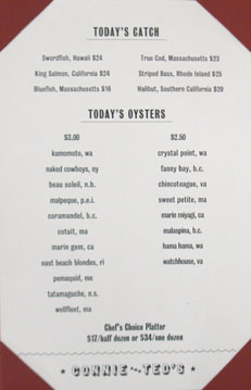 Connie & Ted's Oyster List and Catch of the Day