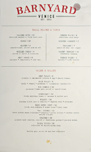 Barnyard Menu