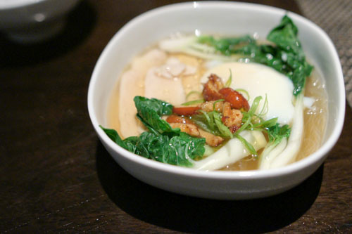 Cantonese chicken soup, cellophane noodles, petite bok choy, 63° egg
