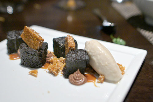 Chicory chocolate cake, sesame brittle, Thai chili caramel, chocolate pudding, sesame ice cream