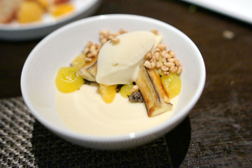 Barley pudding, coffee streusel, caramelized banana, Mandarin banana sorbet, puffed barley