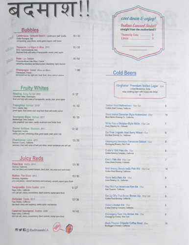 Badmaash Drink Menu