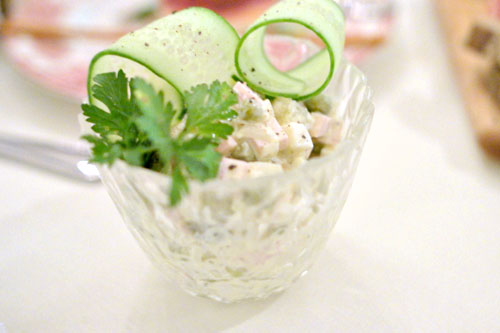 Olivier salad, mélange of roasted vegetables, pickles, hard boiled eggs and a touch of mayonnaise