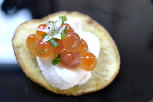 German Butterball Potato Chip, Coconut-White Soy Marinated Salmon Roe, Yuzu Cream