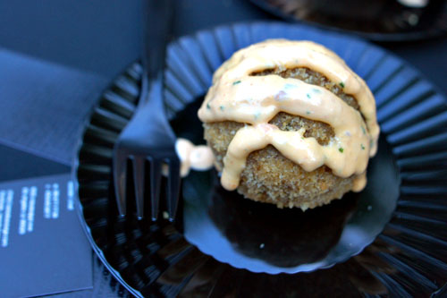 Lil' Osaka Ball, Japanese Curry Ground Kalbi and Potato Rice Ball served with a Shoga Aioli