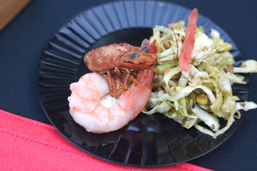 Hawaiian Red Prawn & Tea Leaf Salad, Chana Dal, Sesame, Marcona Almonds, Peanuts, Crispy Prawn Head, Chile Aioli