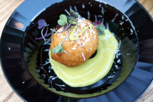 Yuquitas: Stuffed Yucca Beignets, Manchego Cheese, Grated Parmesan & Serrano Sauce