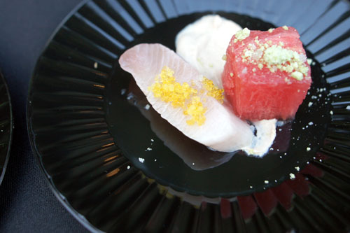 Yellowtail Tuna, Compressed Watermelon, Yuzu Tobiko, Candied Wasabi, Ponzu Crème Fraiche