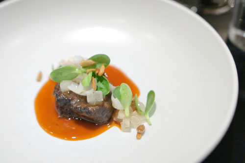 beef braised in pear juice and charcoal-grilled, lily bulb, sunflower, fermented pepper