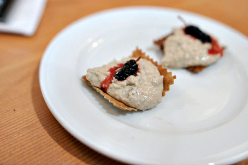 Rabbit liver (almost) mousse on homemade crackers with mulberry jam