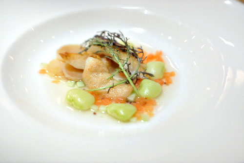 Pan seared grouper cheeks, tomato water, turnips, cucumber, limas, mustard greens