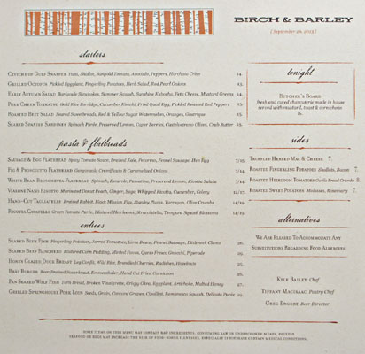 Birch & Barley Menu