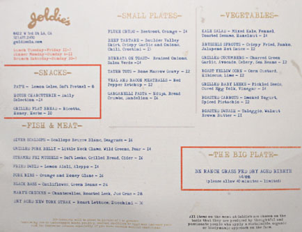 Goldie's Menu