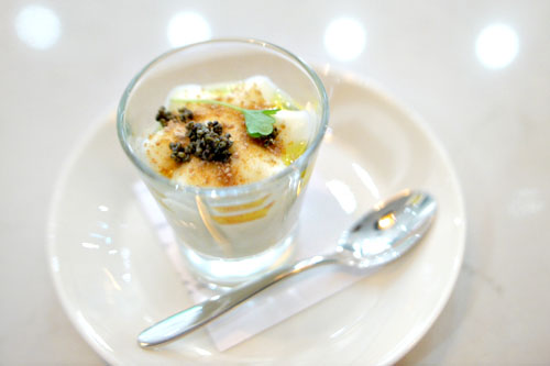 fennel panna cotta with tonburi, wheat cracker