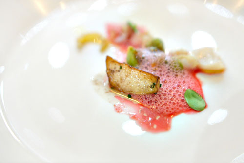 matsutake with razor clam, dashi-beet emulsion garbanzo, chinese cedar