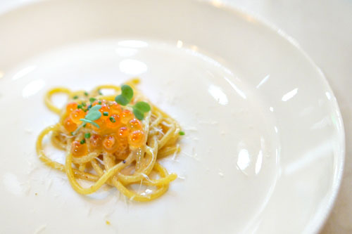 spaghettini with uni butter, salmon roe, wasabi