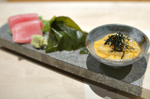 Sumi Ika Somen with Santa Barbara Uni sauce / New Jersey Bigeye Toro / Japanese Wakame