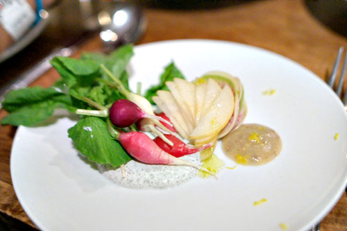 radish crudite, nori crème fraiche, pear mustard, yuzu