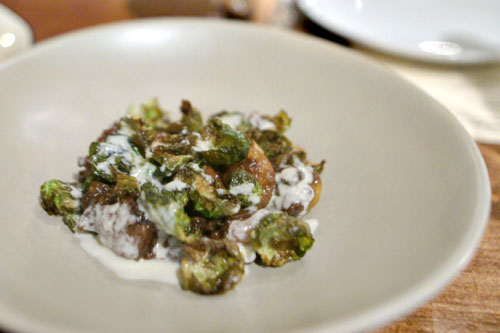 mijoté of sunchoke & chestnuts, brussel sprouts with brillat savarin milk