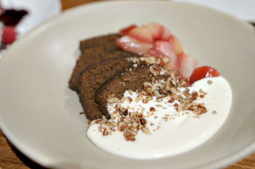 hibiscus pears and gingerbread, smoked pecans