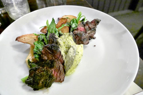 Grilled Prime Hanger Steak, Fingerlings, Baby Carrots and Lemon Grass Chimichurri Butter