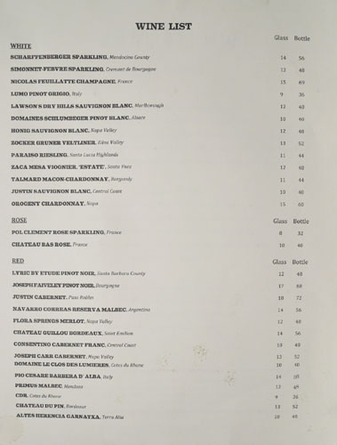 Willie Jane Wine List