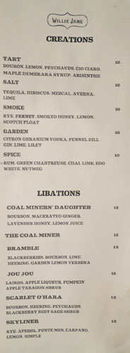 Willie Jane Cocktail List