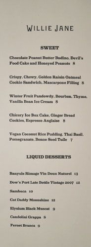 Willie Jane Dessert Menu