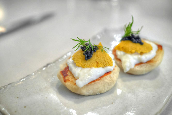 english muffin with uni, caviar & burrata