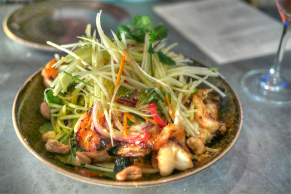 grilled prawns, green papaya, mango, cucumber, onion, cashews, lemongrass-cilantro dressing