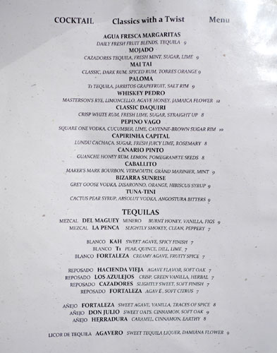 Bizarra Capital Cocktail List