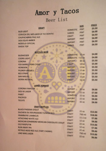 Amor y Tacos Beer List