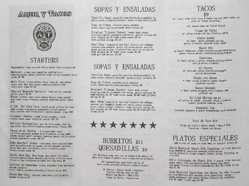 Amor y Tacos Menu