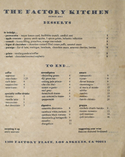 The Factory Kitchen Dessert Menu