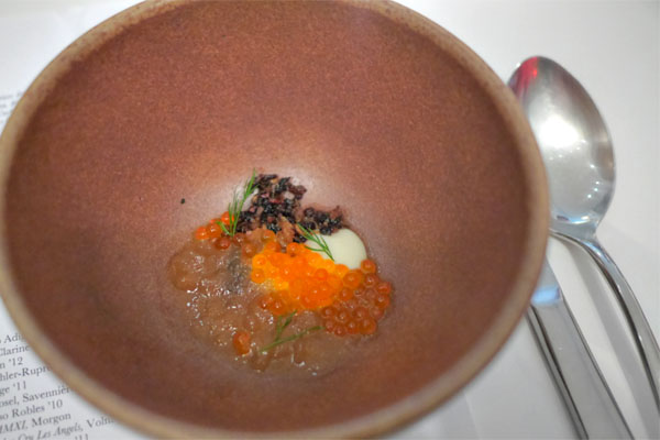 ember roasted chicken consommé, trout roe & shallot