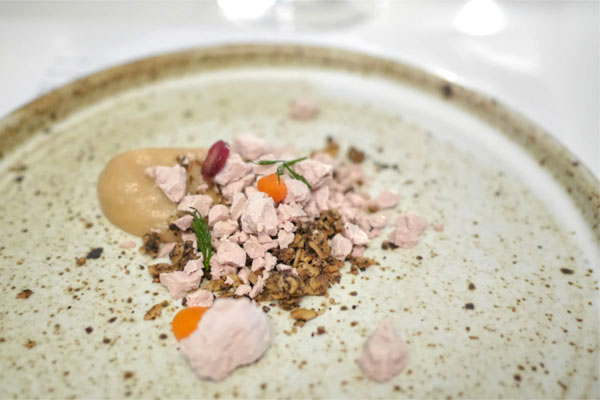 frozen duck liver with smoked maple, carrot & coffee granola