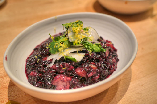 Black rice risotto, salted cod, fennel