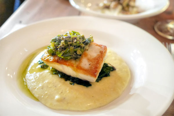 Roasted Rockfish with Soft Polenta, Grilled Kale & Spring Onion Salsa Verde