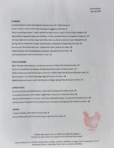 The Red Hen Menu