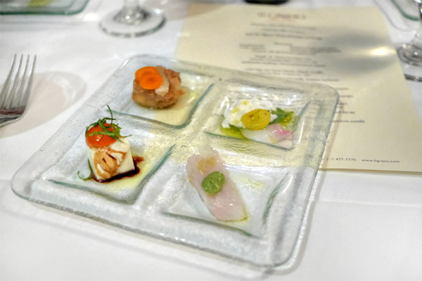 Nambanzuke / Tofu caprese / Halibut crudo pea shiso / Japanese snapper burrata