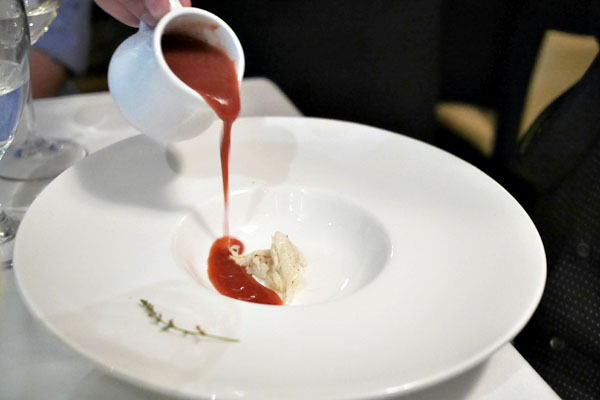 cherry gazpacho, Dungeness crab, lemon verbena